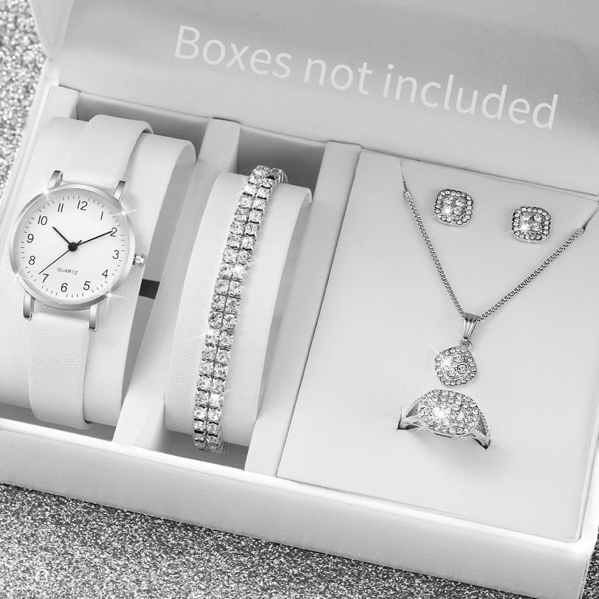 Orologio da Donna al Quarzo – Set da 5/6 Pezzi con Cinturino in Pelle, Orologi Analogici con Dettagli di Diamanti, Accessori di Gioielleria (Senza Scatola).