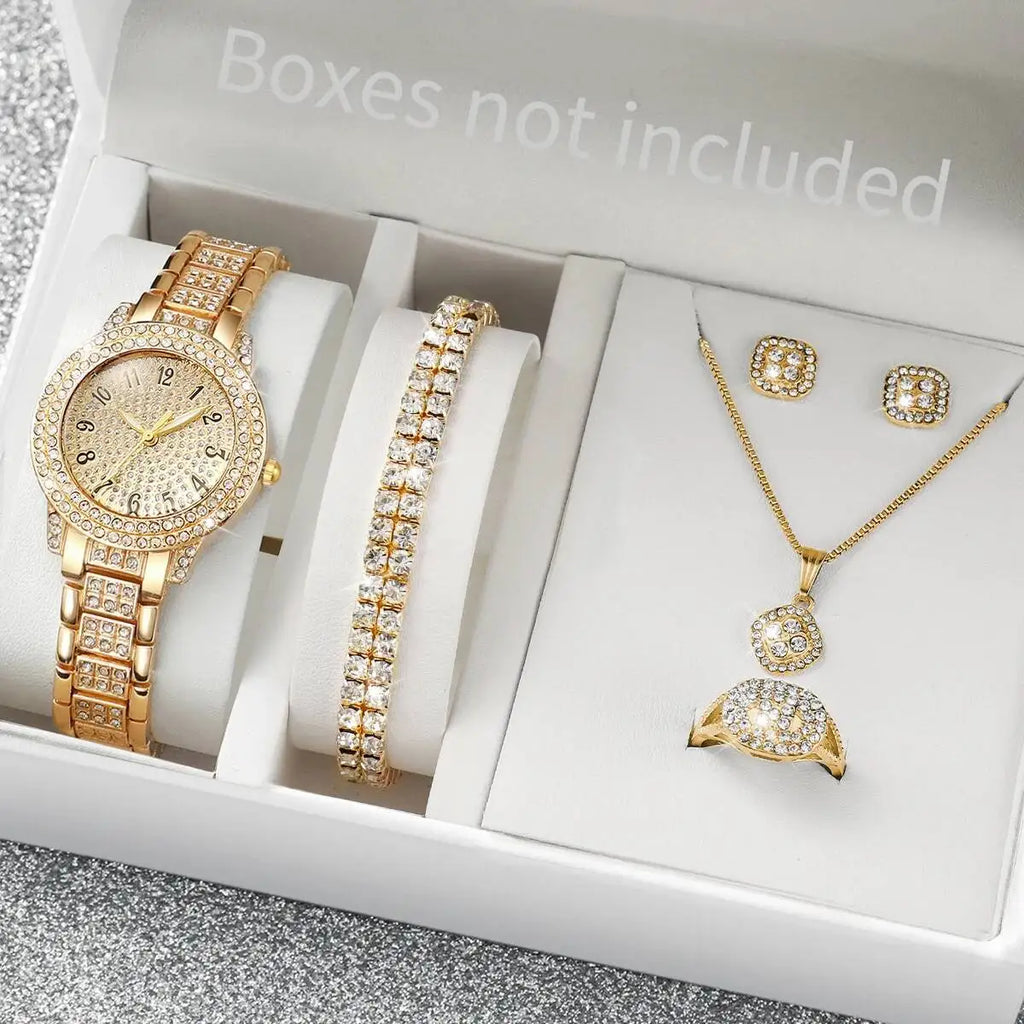 Set di 6 orologi da donna luxury con diamanti, stile fashion, orologi al quarzo eleganti, set di gioielli (senza scatola).