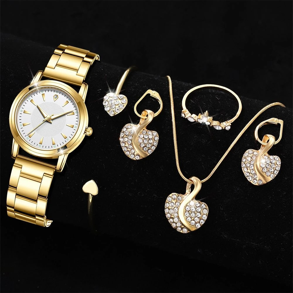 Orologio da Donna al Quarzo – Set di Lusso in Oro con Anello, Collana e Orecchini, Orologio alla Moda con Strass per Donne, Ideale per uno stile casual ed elegante.