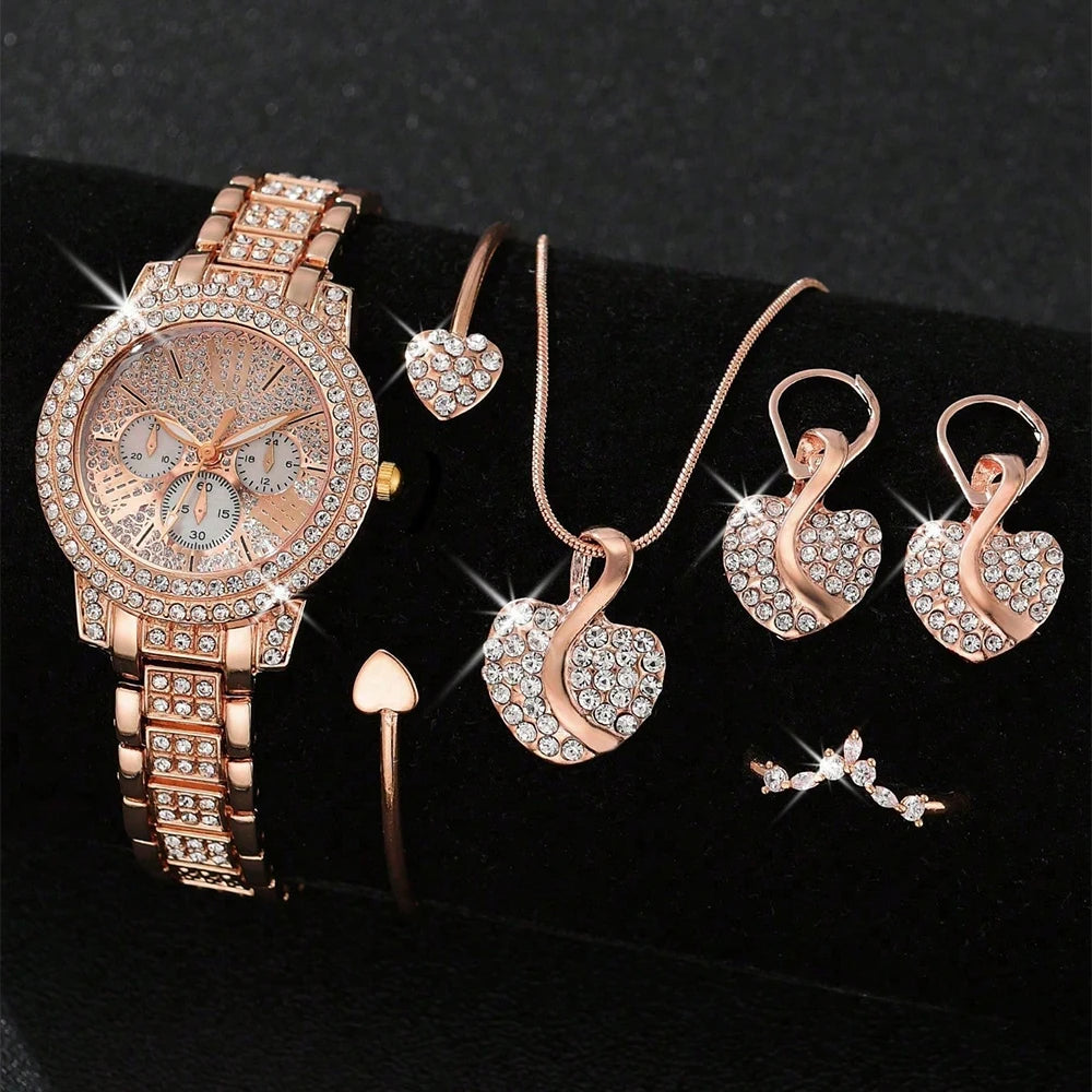 Orologio da Donna al Quarzo – Set di Lusso in Oro con Anello, Collana e Orecchini, Orologio alla Moda con Strass per Donne, Ideale per uno stile casual ed elegante.