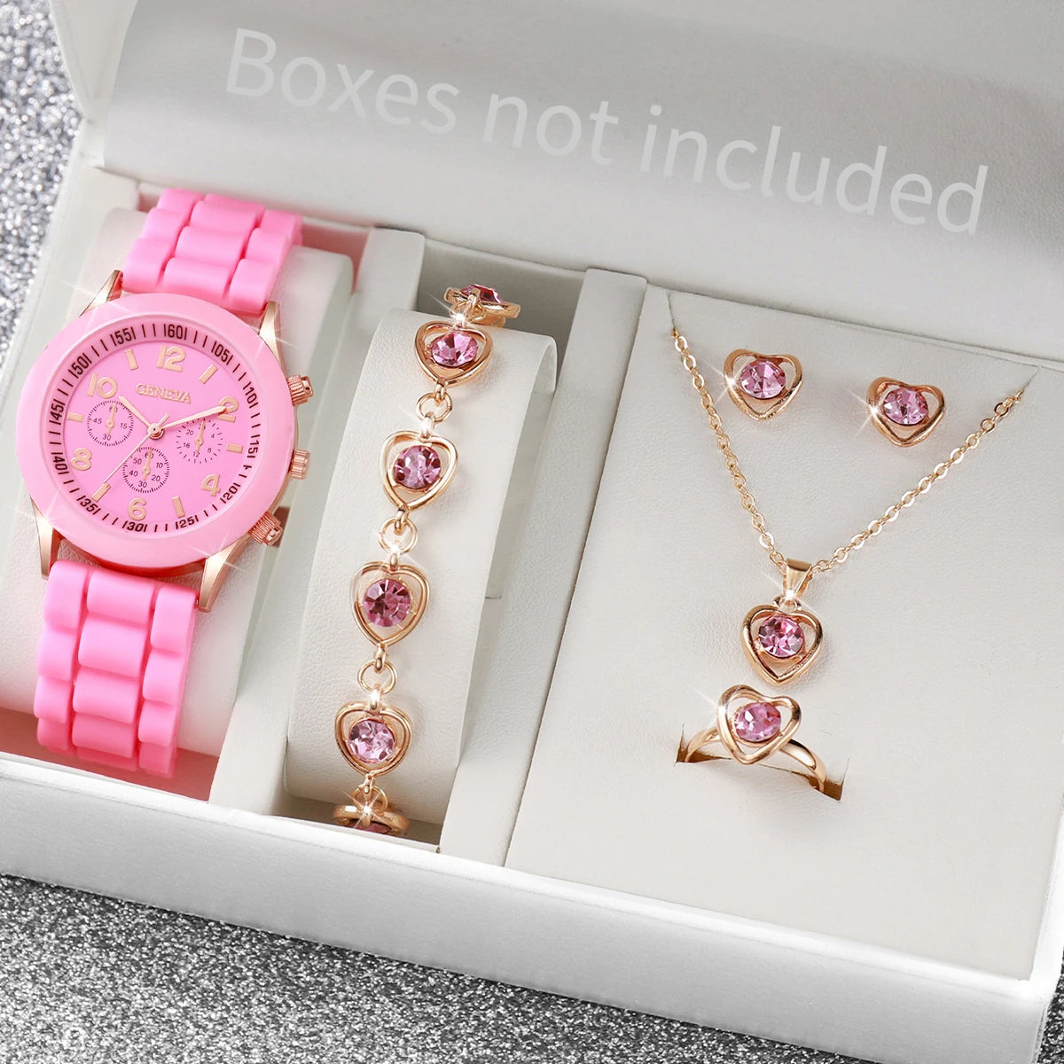 Set di 5/6 orologi da donna con cinturino in silicone, orologi al quarzo fashion, set di gioielli, idea regalo per ragazze (senza scatola).