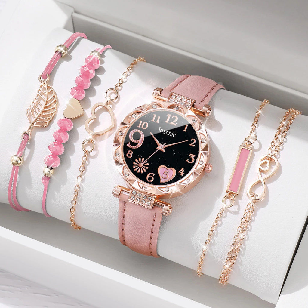 Set da 6 pezzi con orologio a cuore e braccialetti foglia, elegante e senza scatola.