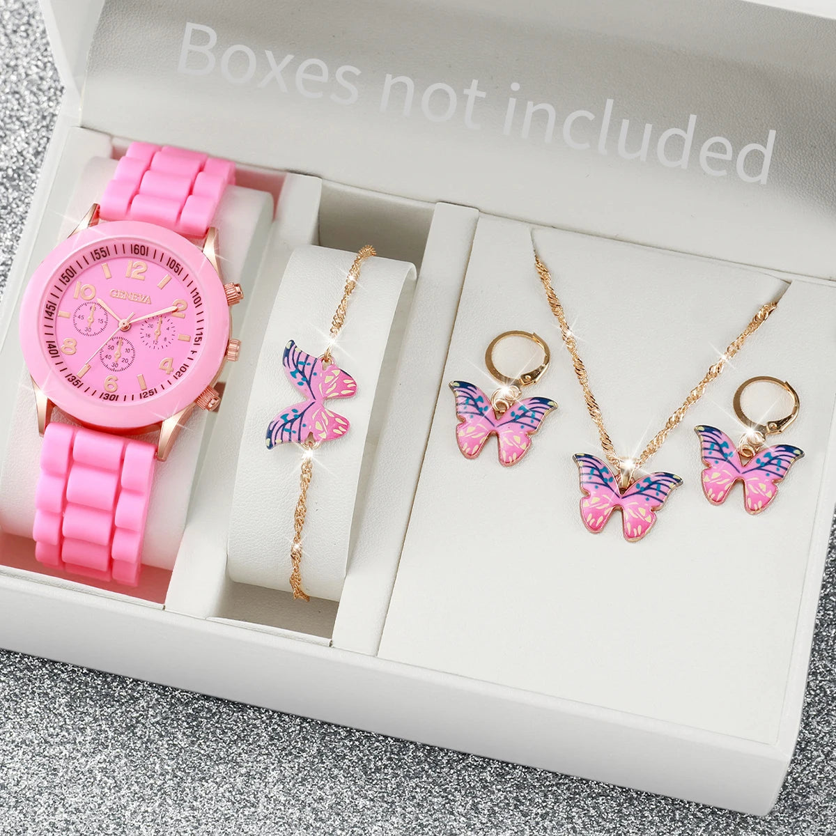 Set di 5/6 orologi da donna con cinturino in silicone, orologi al quarzo fashion, set di gioielli, idea regalo per ragazze (senza scatola).