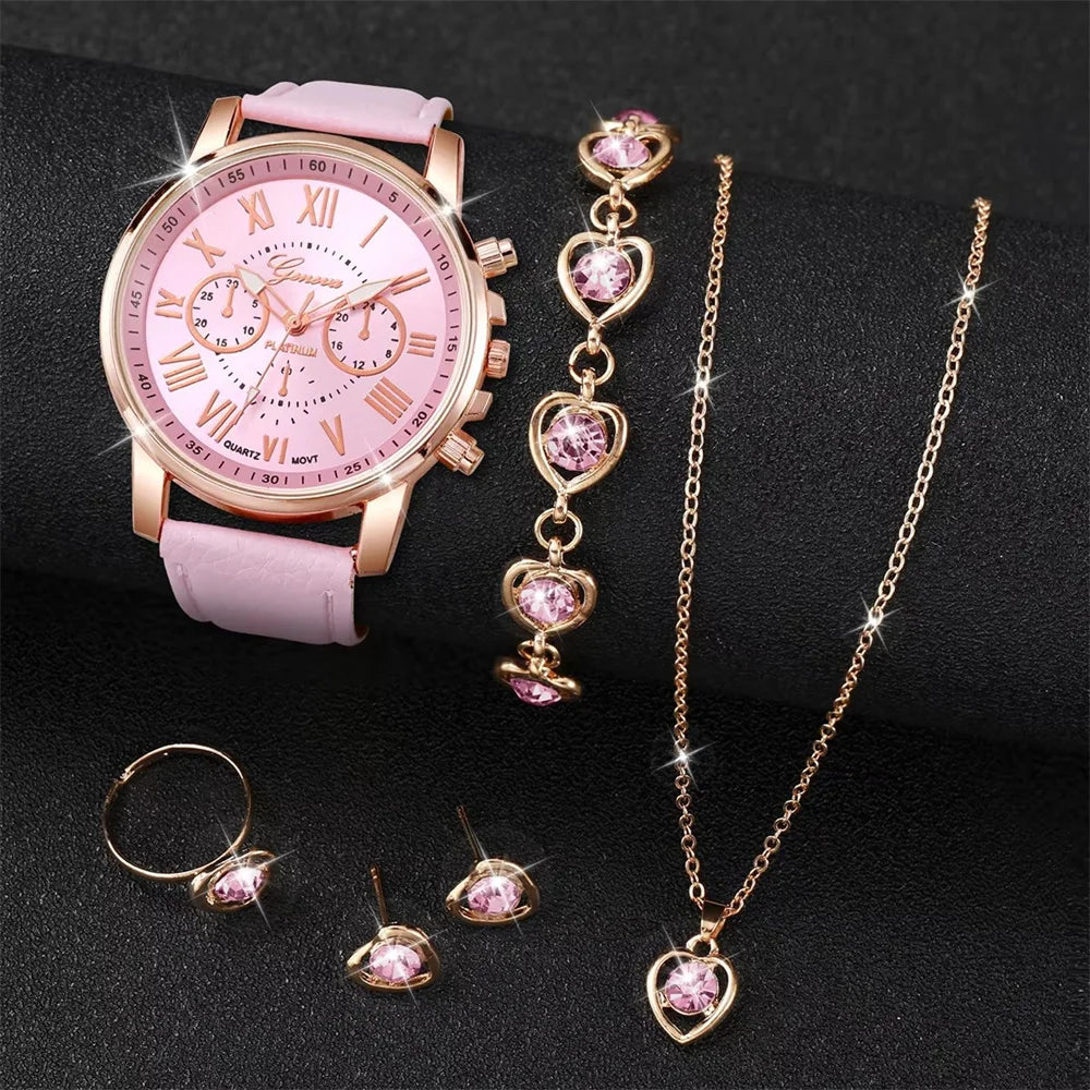 Set da 6 pezzi con orologio in pelle e dettagli a cuore con strass, elegante e ideale come regalo (senza scatola).
