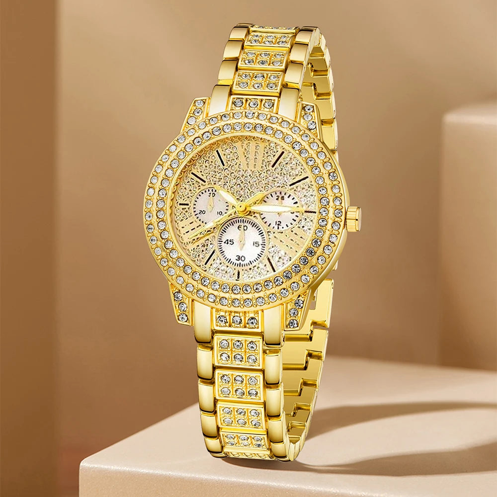 Orologio da Donna al Quarzo – Set di Lusso in Oro con Anello, Collana e Orecchini, Orologio alla Moda con Strass per Donne, Ideale per uno stile casual ed elegante.