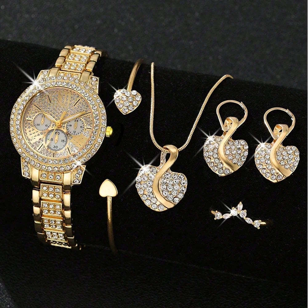 Orologio da Donna al Quarzo – Set di Lusso in Oro con Anello, Collana e Orecchini, Orologio alla Moda con Strass per Donne, Ideale per uno stile casual ed elegante.