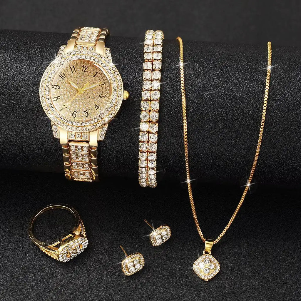 Set di 6 orologi da donna luxury con diamanti, stile fashion, orologi al quarzo eleganti, set di gioielli (senza scatola).