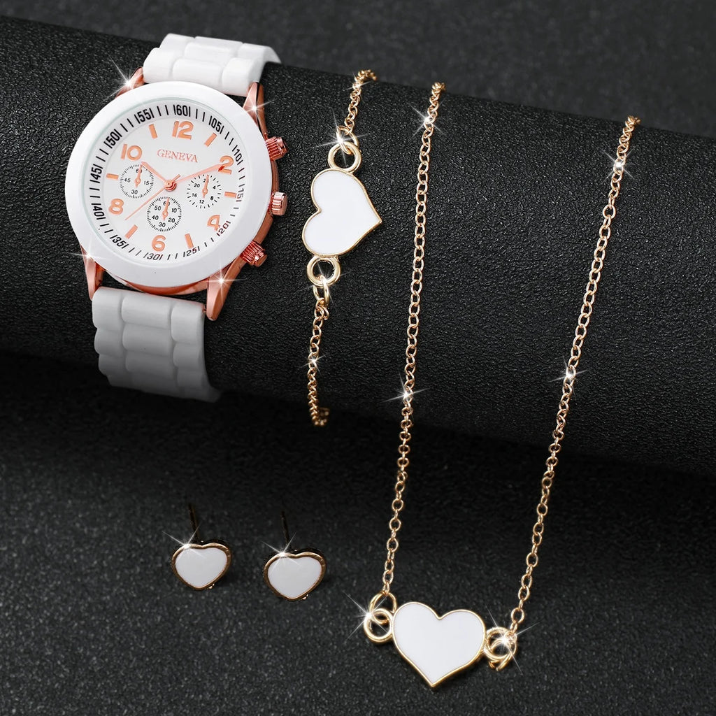 Set di 5/6 orologi da donna con cinturino in silicone, orologi al quarzo fashion, set di gioielli, idea regalo per ragazze (senza scatola).
