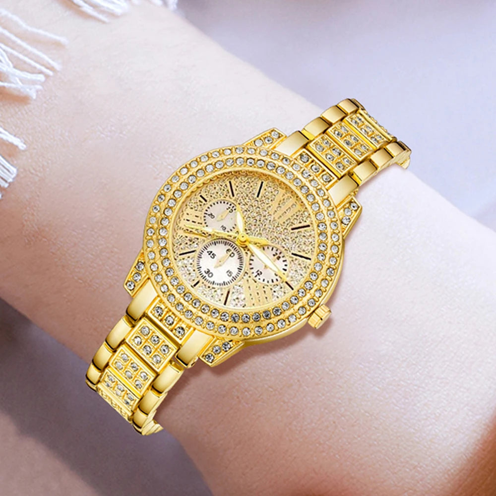 Orologio da Donna al Quarzo – Set di Lusso in Oro con Anello, Collana e Orecchini, Orologio alla Moda con Strass per Donne, Ideale per uno stile casual ed elegante.