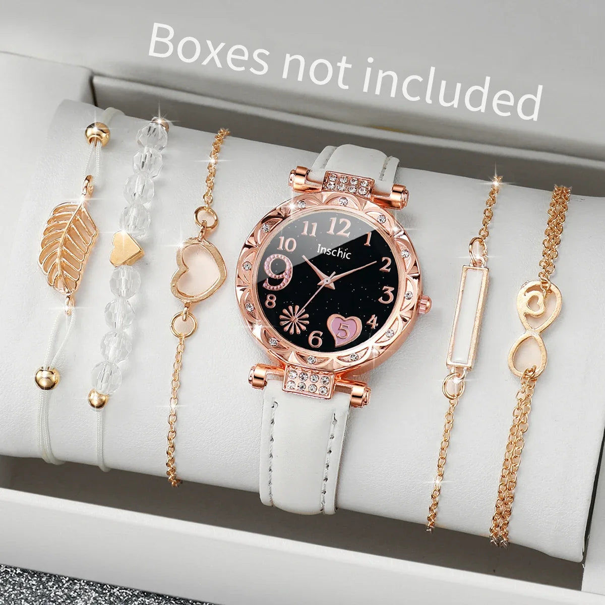 Set da 6 pezzi con orologio a cuore e braccialetti foglia, elegante e senza scatola.