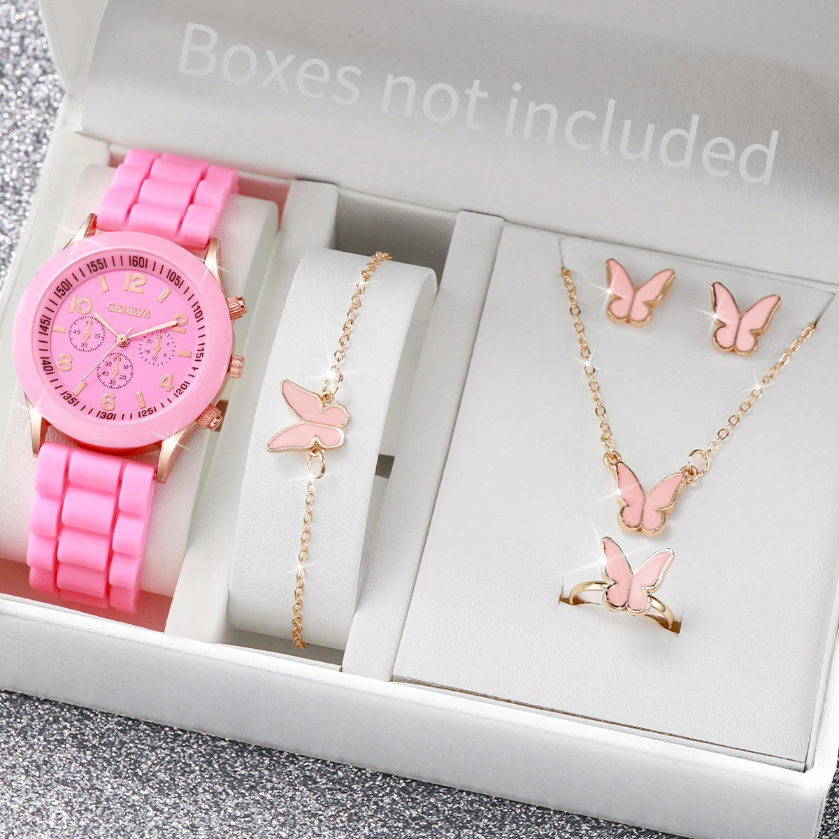 Set di 5/6 orologi da donna con cinturino in silicone, orologi al quarzo fashion, set di gioielli, idea regalo per ragazze (senza scatola).