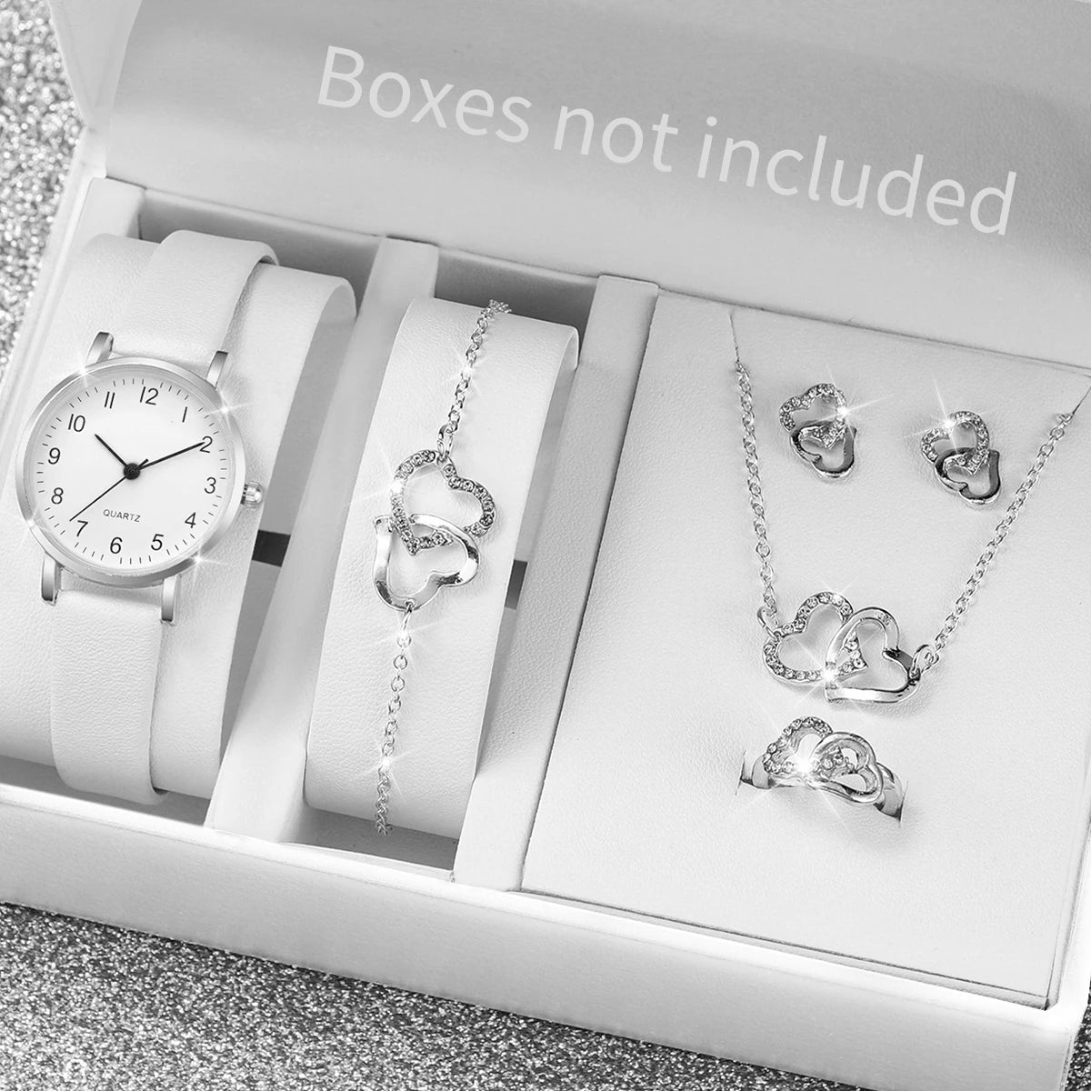 Orologio da Donna al Quarzo – Set da 5/6 Pezzi con Cinturino in Pelle, Orologi Analogici con Dettagli di Diamanti, Accessori di Gioielleria (Senza Scatola).