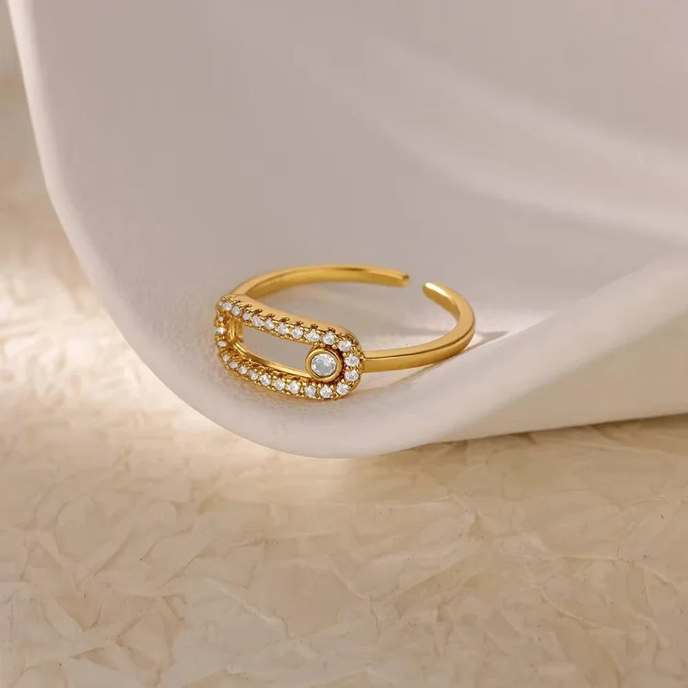 Anelli geometrici di lusso in zircone per donna in acciaio inossidabile color oro, anello aperto alla moda, gioielli estetici per feste di nozze, regalo da donna